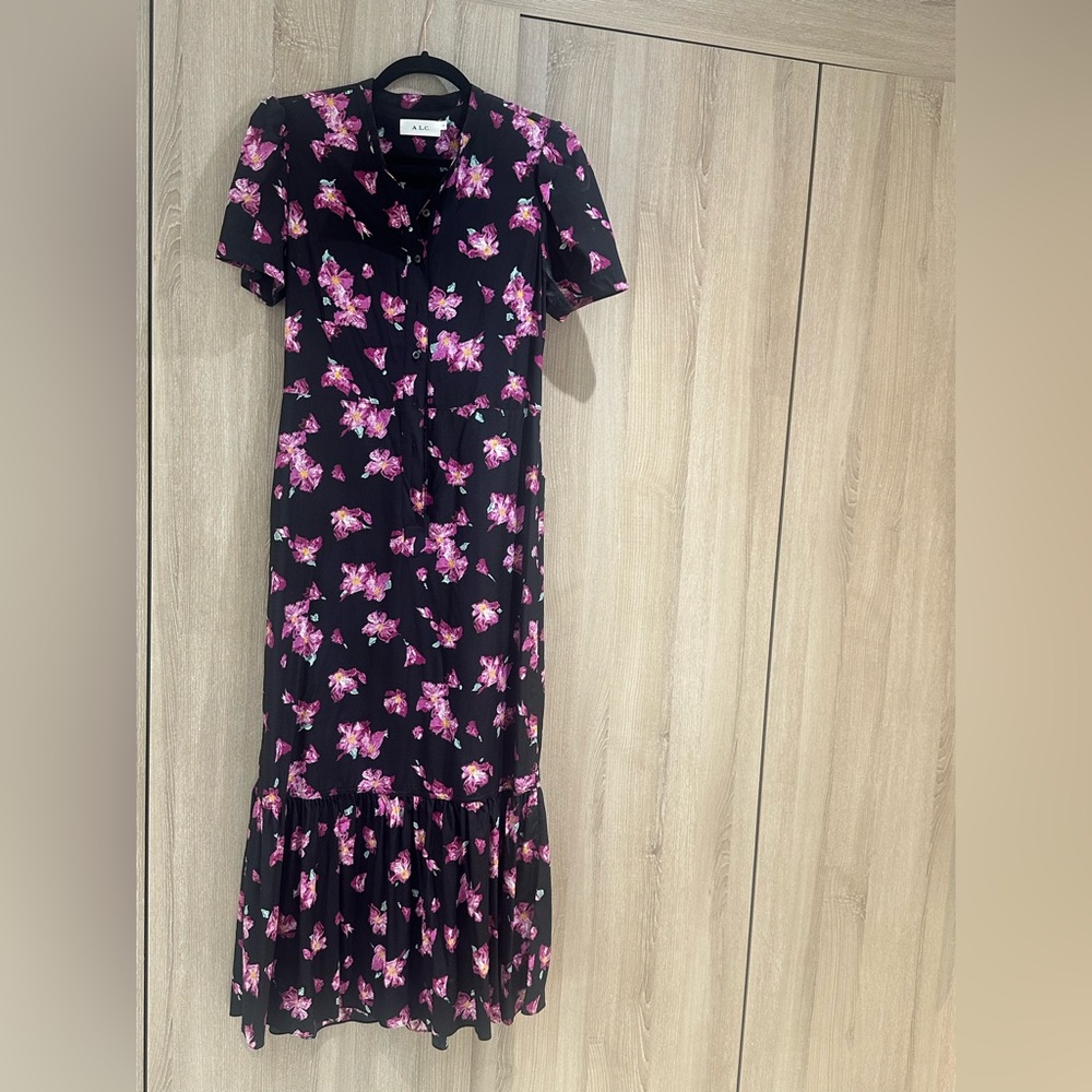 A.L.C. Black and Pink Floral Silk Midi Dress